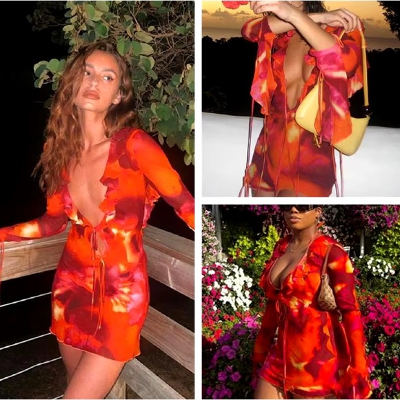 Rat & Boa Dali Red Watercolor Ruffle Tie Front Sheer Low Back Mini Dress XS - Picture 5 of 15